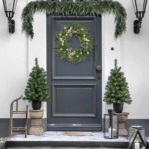 Christmas Wreath with Lights 24 Inch Real Touch Pine Wreath with White Berries/Pine Cone Prelit Christmas Wreaths for Front Door Outdoor Christmas Decorations Winter Wreath for Home Indoor Holiday