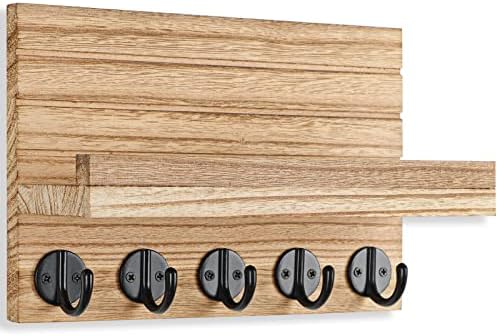 Lwenki Key Holder for Wall, Decorative Key and Mail Holder with Shelf Has Large Key Hooks for Bags, Coats – Paulownia