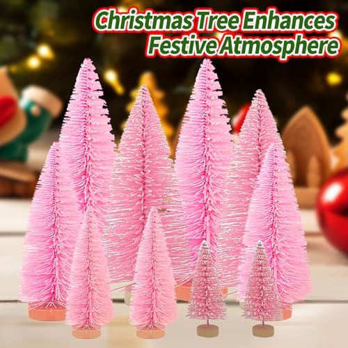 Yahpetes Christmas Trees 10 Pcs Bottle Brush Christmas Trees 5 Size Artificial Mini Christmas Sisal Snow Frost Trees Pine Trees with Wood Base for Tabletop Christmas Party Home Indoor Decor (Pink)