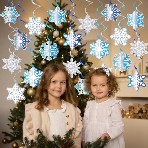 40Pcs Winter Snowflake Hanging Swirl Decorations, Frozen Snowflake Ceiling Hanging Decorations for Winter Wonderland Christmas Frozen Party Supplies