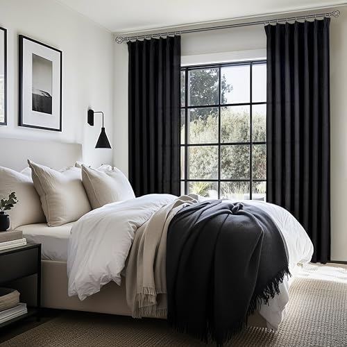 Pinch Pleated Black Sheer 96 Inch Curtains for Bedroom, Neutral Thick Linen Blend Pleat Light Filtering Sliding Door
