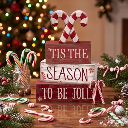 Lineshading 4 Pcs Christmas Table Decorations, Red White Candy Wood Signs