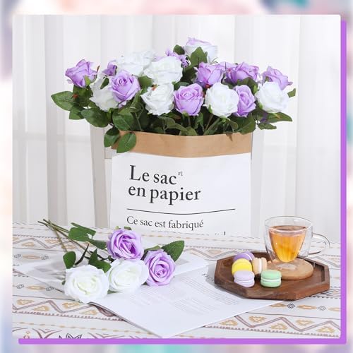 36 Pcs Silk Purple White Rose Bouquet Bridal Artificial Flowers