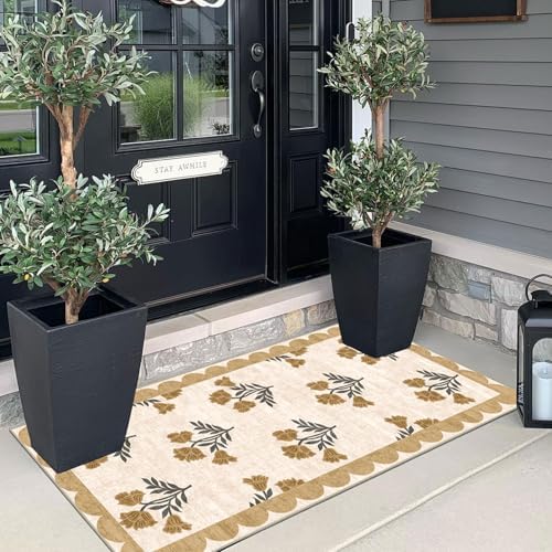Front Door Mat Indoor Entrance - 2x4.3 Ft Floral Washable Layered Doormat Outdoor Entrance Spring Porch Rug Non-Slip