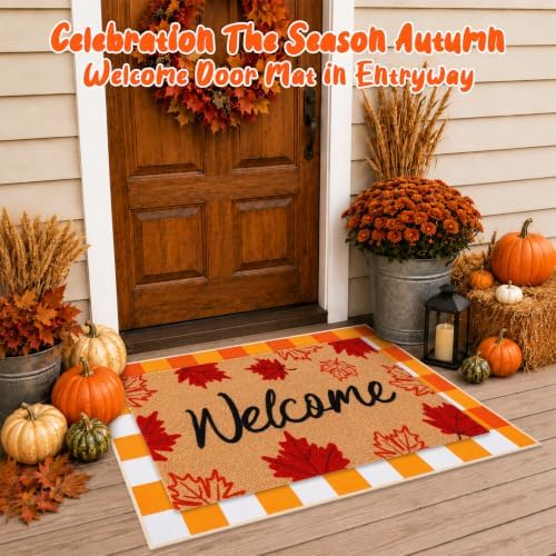 2 Pcs Fall Maple Leaf Welcome Doormat-Fall Decor Orange White Door Mat Set