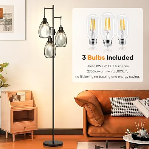 Dimmable Floor Lamp, 3 x 800LM LED Edison Bulbs Included, Farmhouse Industrial Floor Lamp Standing Tree Lamp with