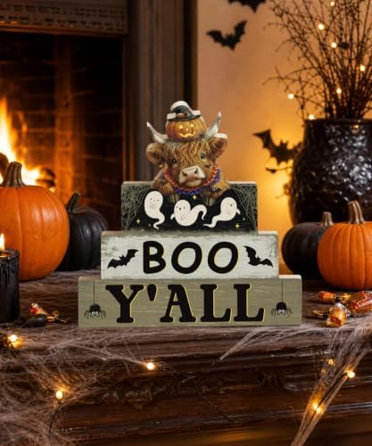 Putuo Decor Halloween Highland Cow Table Decor, Wooden Boo Yall Shelf Sign