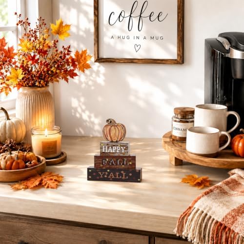 Smile Fall Wooden Block Decor Signs Pumpkin Plaque HAPPY FALL Y'ALL Tiered Tray Tabletop Signs for Autumn Harvest Thanksgiving Home Decor