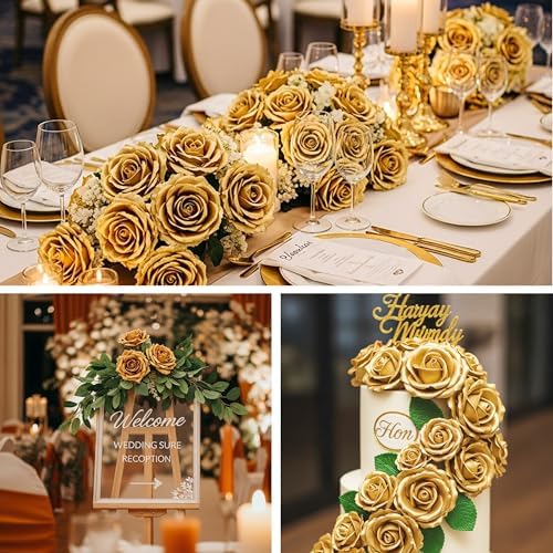 Auihiay 60PCS Gold Rose Artificial Flowers, Faux Silk Roses