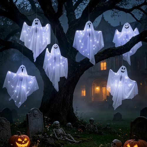 6 Pack Halloween Hanging Ghost Decorations with Lights, Remote Control
