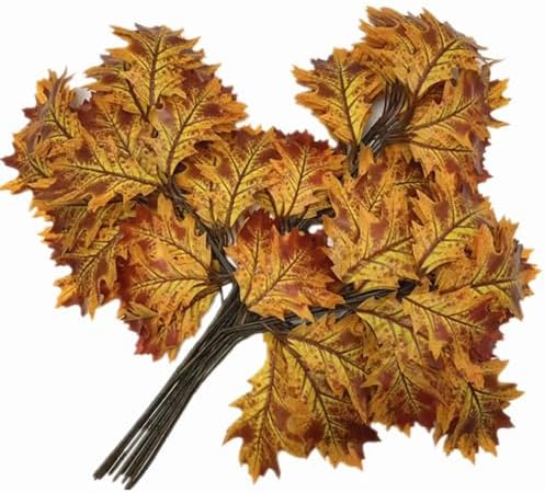 12pcs Artificial Oak Tree Branch Faux Eiche Leaf Stem Three Forks per piece for Greenery Wall Floral Decoration (Orange)