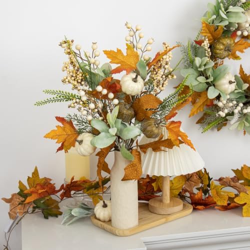 JINGHONG 12 Pack Artificial Fall Decorations 17 Inch Fall Picks Berry Stems with Pumpkins Maple Leaves Lamb Ears Leaves for Autumn Flower Arrangements Harvest Festival Thanksgiving Day Decor