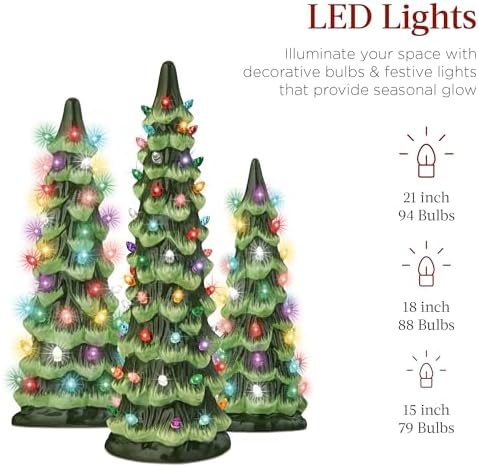 Best Choice Products Set of 3 XL Ceramic Christmas Trees, Pre-Lit Hand-Painted Tabletop Holiday Décor w/Multicolor Bulbs, LED Lights – Green