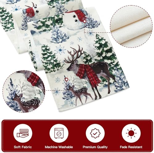 Artscope Reindeer Snowman Christmas Tree Table Runner, Xmas Winter Snowflakes Holiday Kitchen Dining Table Decoration for Christmas Home Party Decor 13x36 Inch-Beige