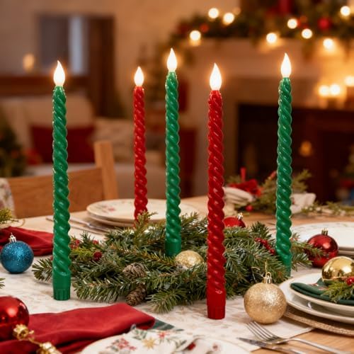 Whaline 6 Pcs Christmas LED Flameless Spiral Candles with Remote Battery Operated Taper Candles Xmas Red Green Electric Candle Boxed for Party Home Table Centerpiece Decor