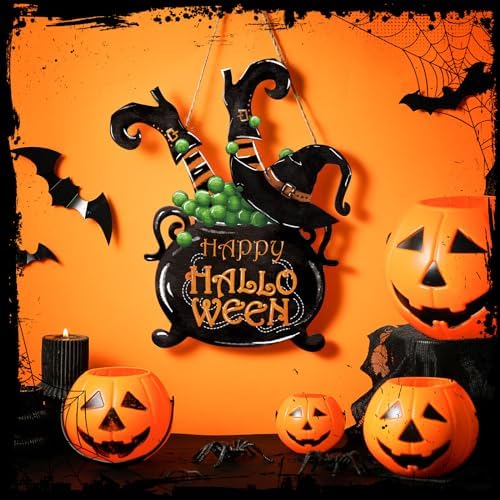 Barydat Happy Halloween Witch Cauldron Wreath Welcome Front Door Sign