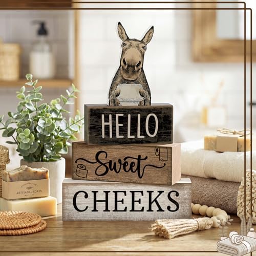 Moucuny 4 Pcs Hello Sweet Cheeks Bathroom Decor Wooden Signs Donkey