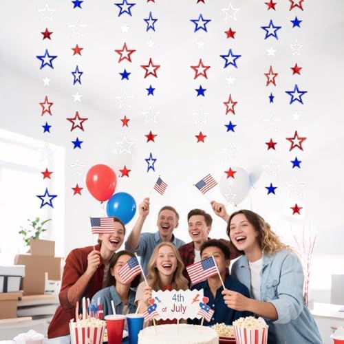 Patriotic Star Streamers Banner Garland Glitter for 4th of July BBQ Memorial Day 250th Anniversary Party Glossy Independence Day Celebration Labor Day Decorations Red White Blue 1 Strand 157.5In