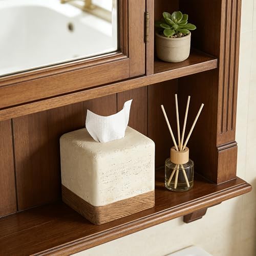 Travertine Match Wooden Square Tissue Box Cover Decorative / Travertine&wooden / Boho / Natural