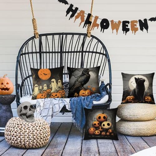 YeeJu Set of 4 Halloween Pillow Covers 12x12 Inch Cute Ghost Pumpkin Decor Throw Pillow Covers Black Plaid Happy Halloween Cushion Covers Linen Pillow Cases for Home Outdoor Sofa Couch (12 by 12)