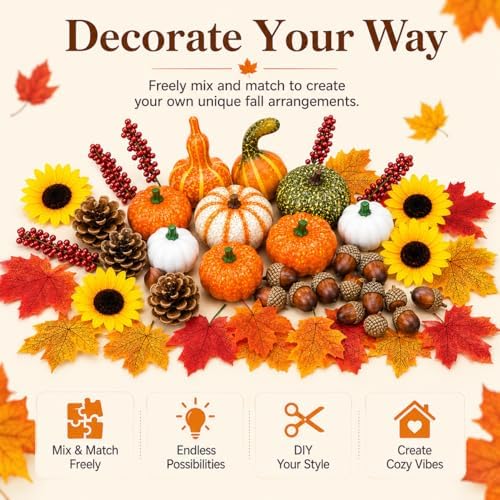 Artificial Fall Harvest Decor Set, 96 Piece Faux Pumpkins, Gourds, Sunflowers, Pinecones, Acorns, Berries and Maple Leaves for Thanksgiving, Halloween Table Centerpieces and Autumn Home Decor