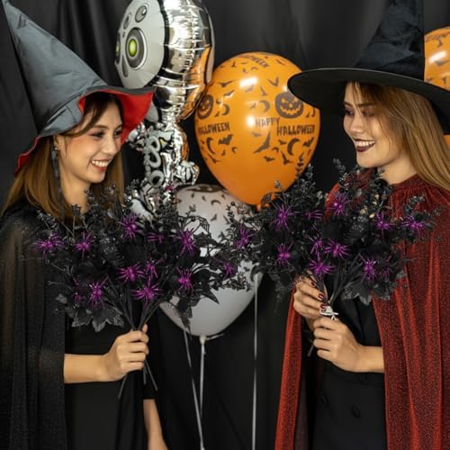 Giegxin 20 Pcs Halloween Floral Picks Halloween Decorations 19.5inch Black Artificial Flowers Branches Eucalyptus Stems Glitter Spiderweb Maple Leaf Stems for Home Indoor Party Vase Arrangement Decor