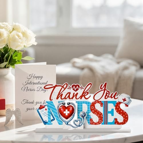 Smile Nurse Month Wooden Tabletop Decor Thank You Nurses Plaque with Stands Indoor Home Office Decor Nurse Appreciation Gift