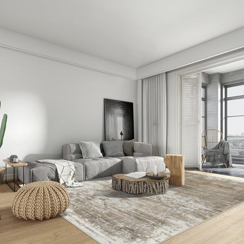 9x12 Area Rugs for Living Room: Washable Abstract Brown White Carpet