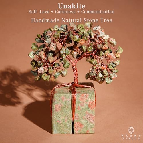 KARMAPLEDGE Chakra Tree of Life for Unique Gifts for Mom, Dad, Home and Office Decor, Handmade Unakite Healing Crystal