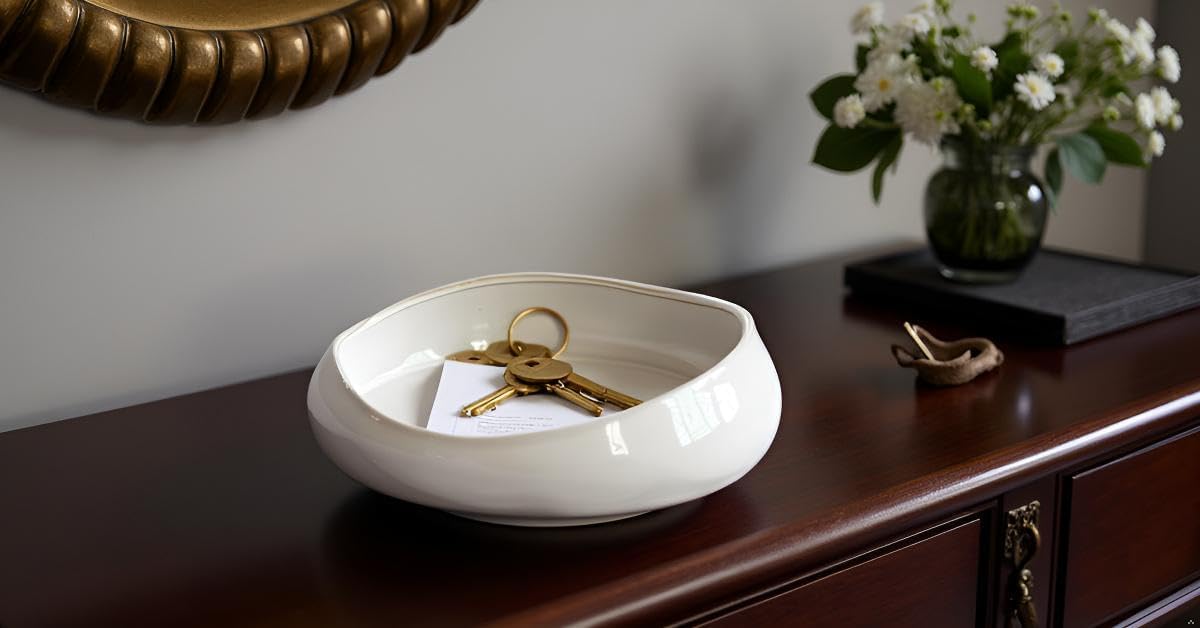 Decorative Bowl Free-Form Rim Glazed Ceramic Fruit Bowl / Gray White