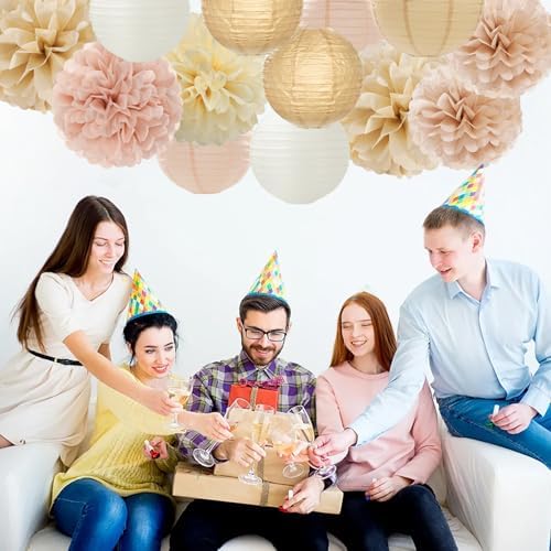 Champagne-Gold White Party-Decorations Paper-Flowers Lanterns - 15PCS Boho Fall Rustic Tissue Pom Poms Streamers,Wedding Baby Bridal Shower Neutral Autumn Birthday Hanging Supplies Decor Hugfond