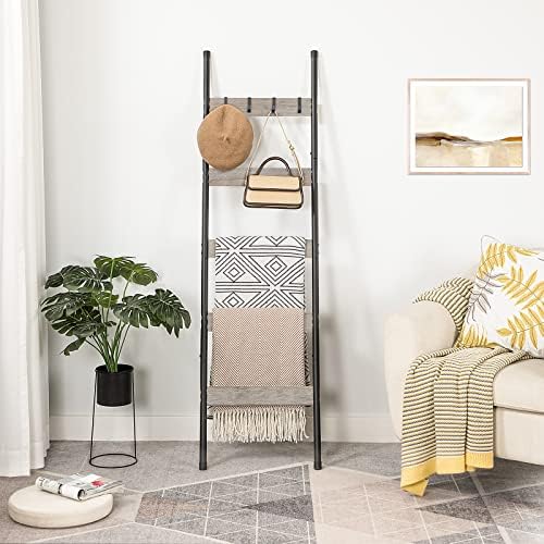 HOOBRO Blanket Ladder, 5-Tier Towel Rack with Hooks, Wall-Leaning Blanket Rack, Decorative Display Ladder Shelf