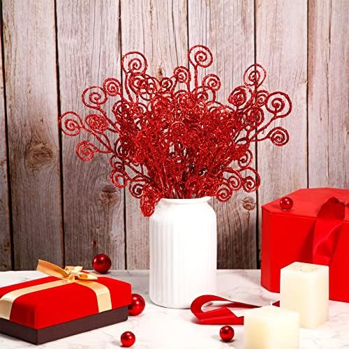 Ysleen 50 Pcs Glitter Tree Picks and Sprays Twigs Branches, Red