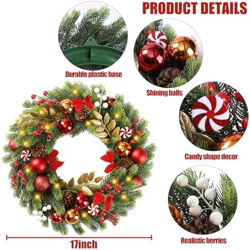Sggvecsy 17 Inch Artificial Christmas Wreath for Front Door with 20 LED Lights Pine Needles Christmas Balls Red White Berries Pine Cones Bows Decoration for Winter Outdoor Wall Home Holiday Xmas Decor