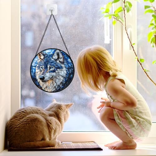 Blue Wolf Stained Glass Window Hanging Suncatcher Gifts for Women 12"