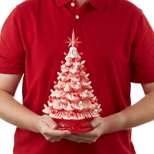 Casafield Hand Painted Ceramic Christmas Tree, Red and White Peppermint 15-Inch Pre-Lit Tree with 128 Red and Clear Lights, 2 Star Toppers