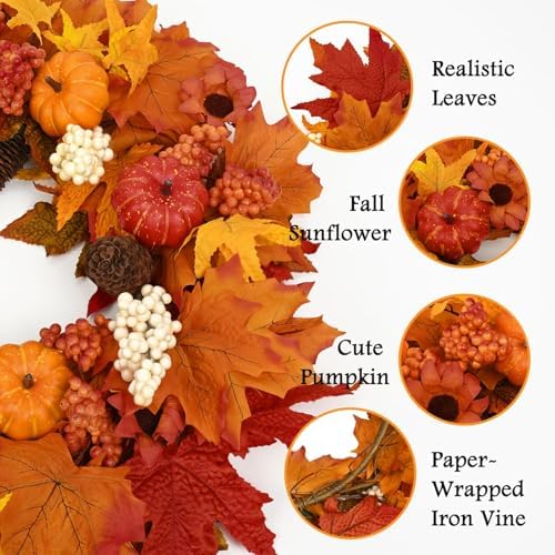 Waipfaru 2 Pack Fall Decor, 22" Fall Wreaths for Front Door, Autumn Wreath