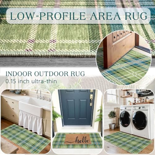 Front Door Mat Indoor Entrance - 2x4.3 Green Teal Tartan Plaid Rug