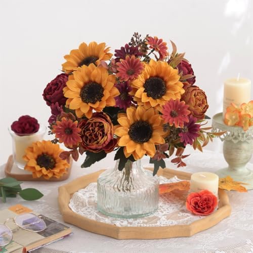 2 Pcs Fall Artificial Sunflower Peony Bouquet, Yellow Burgundy Silk Faux Flower, Autumn Faux Floral Arrangements for Wedding Table Centerpiece DIY Thanksgiving Farmhouse Indoor Outdoor Party Decor