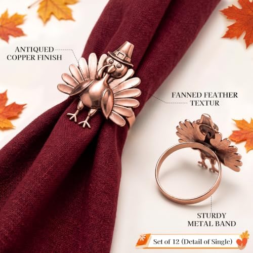 Yungyan 12Set Thanksgiving Turkey Napkin Rings,Classic Metal Napkin Holder
