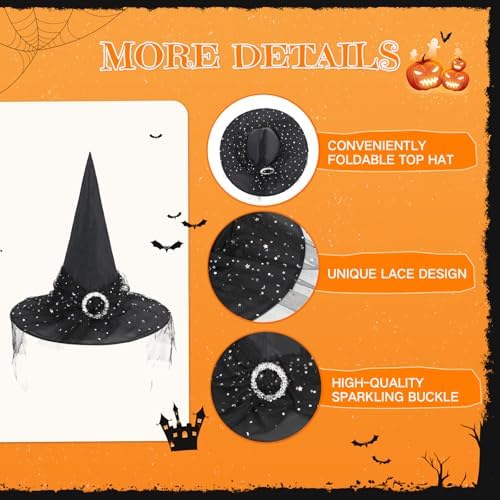 Witch Hat for Women Lace Halloween Costume Hat with Sparkling Buckle