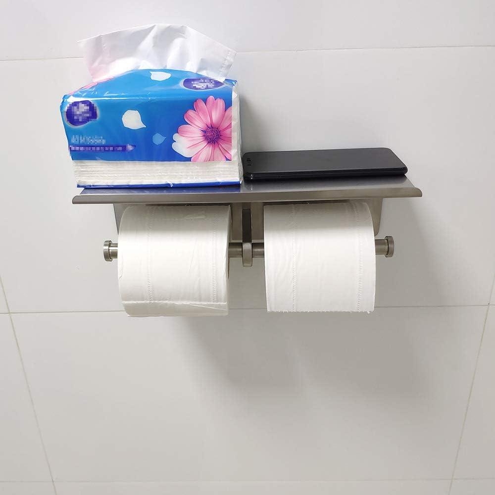 Large Double Toilet Paper Holder with Shelf, GZILA Dual Toilet Paper Rolls Holder Wall Mounted, Bathroom Mobile Phone