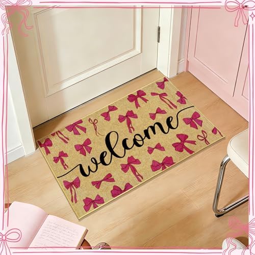 Pink Bow Doormat Welcome Entrance Bowknot Door Mat Outdoor Rug Front Door