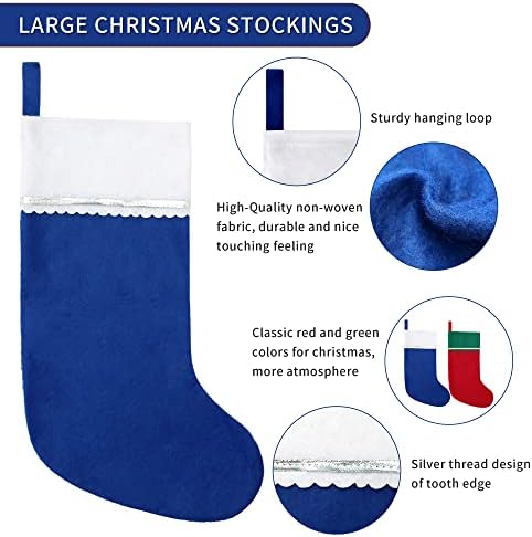 24 Pack Felt Christmas Stockings, 19 Inches Blue and White Christmas Stockings Hanging Ornaments, White Cuff with Silver Trim Christmas Stockings for Family Christmas Holiday Decorations