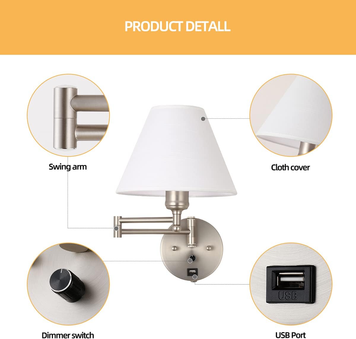 Swing Arm Wall Sconces, Plug-in Wall lamp,Bedroom Wall lamp ， White Fabric Shade，，with dimmable Switch and USB Charging