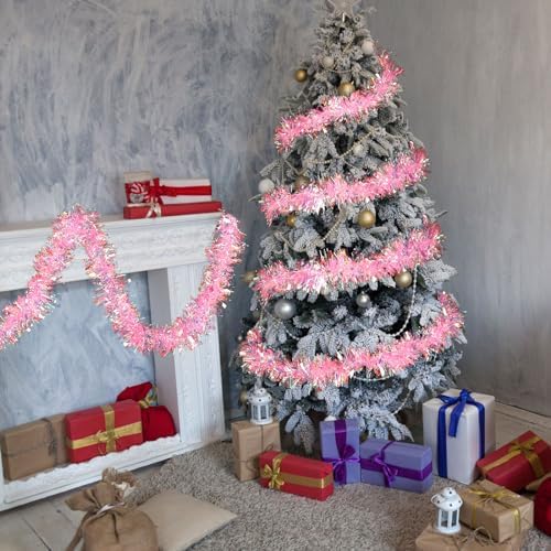 Shappy 90 ft 6 Rolls Christmas Tinsel Garland for Tree,Laser Pink