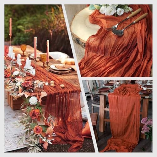 4 Pack Terracotta Cheesecloth Table Runner 10Ft, Fall Table Runner 21.5 x 120 inch, Burnt Orange Semi Sheer Cheese Cloth Fabric Thanksgiving Runner Bulk for Wedding,Party,Bridal Shower