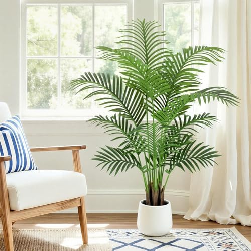 4ft Artificial Palm Tree Tall Faux Palm Tree Indoor Large Fake Plants with 12 Trunks Artificial Plants with White Pot