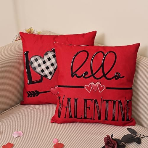 Valentines Day Decorations-Throw Pillow Covers 18x18 in set of 4,Valentine Linen Pillow Case with Red Buffalo Plaid Heart Love Truck for Large Couch Sofa Home Inside Outside Holiday Party Decor