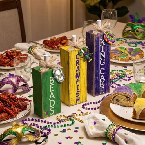 GlikCeil 3 Pcs Mardi Gras Table Decor Carnival Table Centerpiece Decorations Square Wood Mardi Gras Block Sign with Wooden Plaque and Bows for Home Carnival Party Desk Kitchen Decor